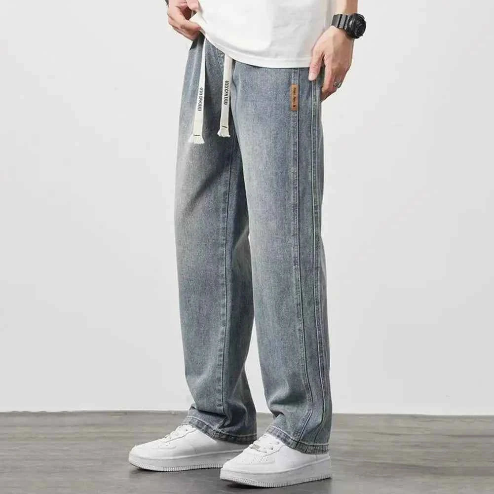 Non-deformed Men Gradient Color Jeans Versatile Men's Elastic Waist Denim Pants Adjustable Drawstring Solid Color for Casual