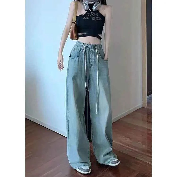 Waist Drawstring Jeans for Women in Spring Summer Korean Version Ins High Waist Slimming Student Straight Wide-leg Floor Pants