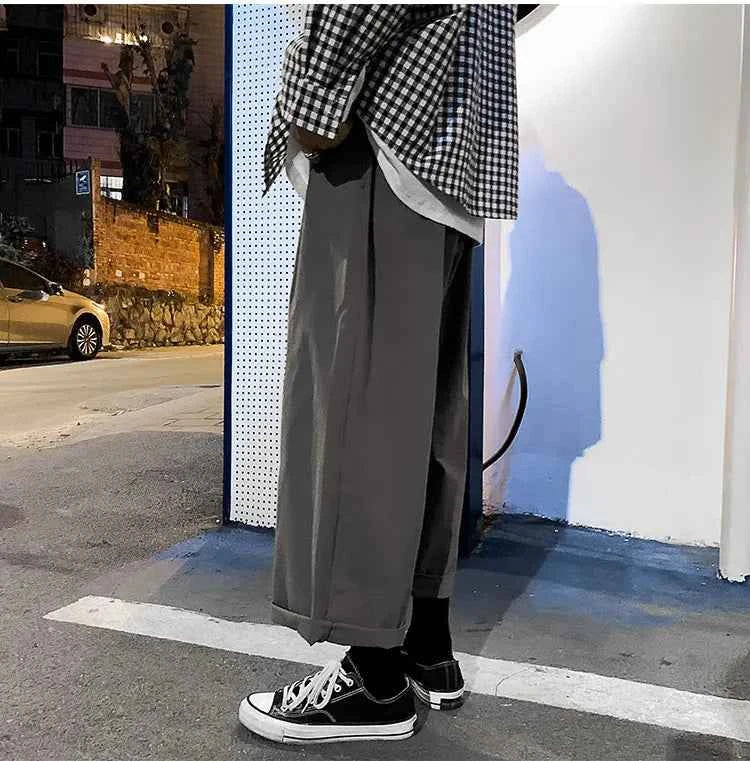 Wide Leg Pants Men Drape Straight Loose Harajuku Vintage Japan Style Ankle-length Trousers Cozy Versatile Black Pantalones Male