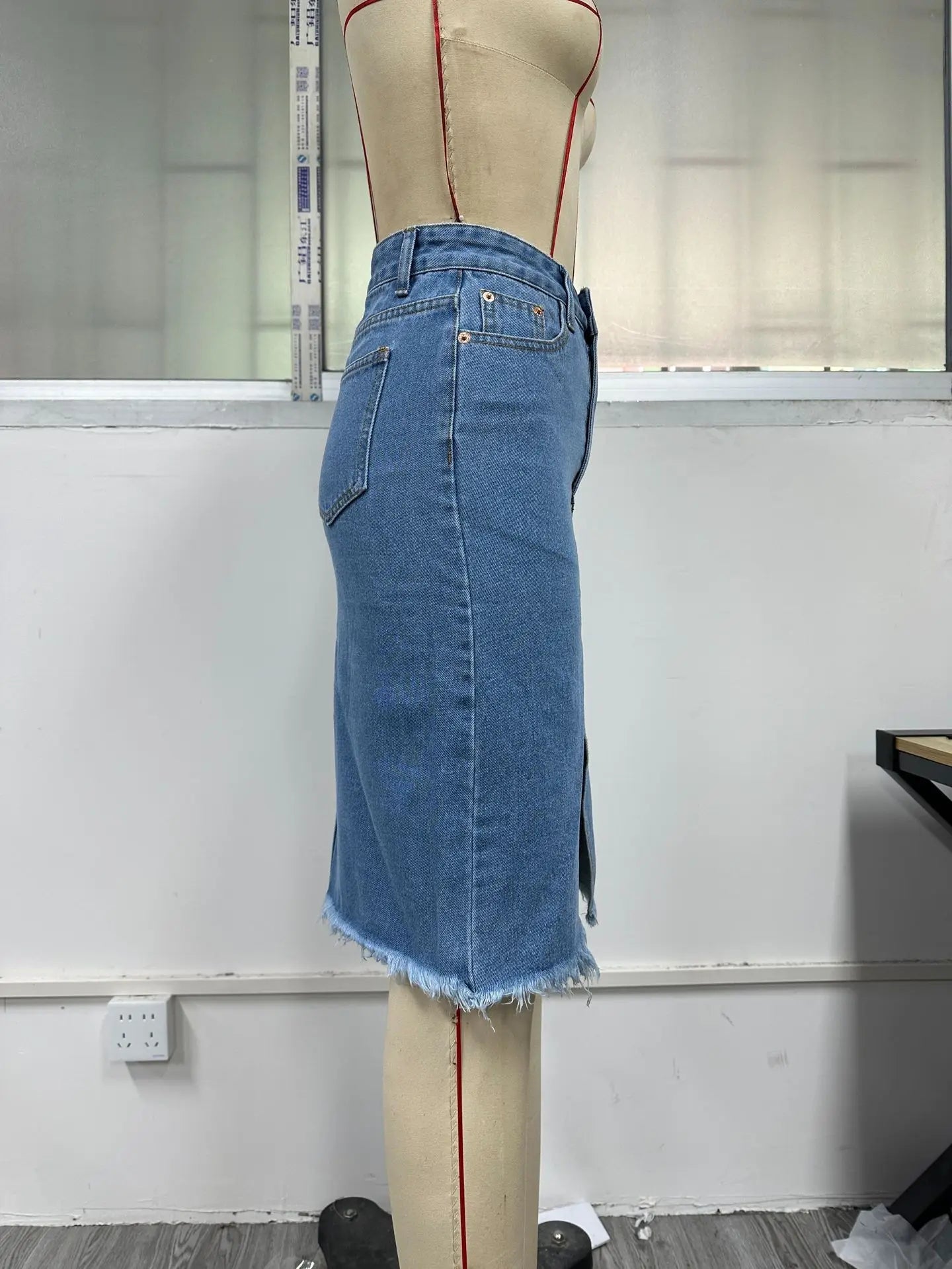 Women Slit Denim Half Skirt Hand Frayed Tassel Raw Edge Skirt Vintage Retro Korean Jean Long Office Lady Slim Fit High Waisted GONZALES ONLINE SHOP