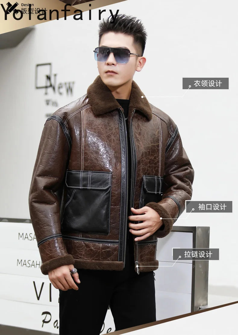 YOLANFAIRY Genuine Sheepskin Jacket Mens Real Fur Coat Winter Clothes Cropped Leather Jacket Men Wool Jacket Men Бомбер 2024 GONZALES ONLINE SHOP