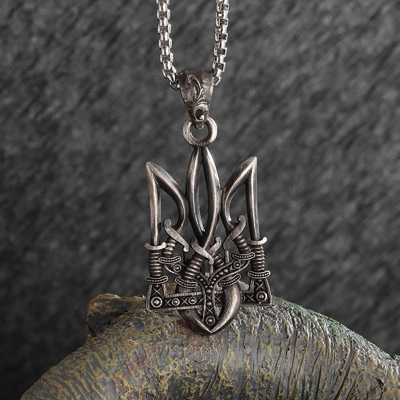 Retro Poseidon Trident Necklace Ukraine National Emblem Pendant Suitable for Men Charming Punk Personalized Accessories GONZALES ONLINE SHOP