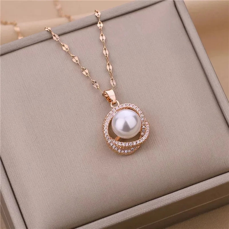 New Fashion Luxury 18K Gold Plated Imitation Pearl Pendant Necklaces For Women Trendy Retro Style Stainless Steel Clavicle Chain GONZALES ONLINE SHOP