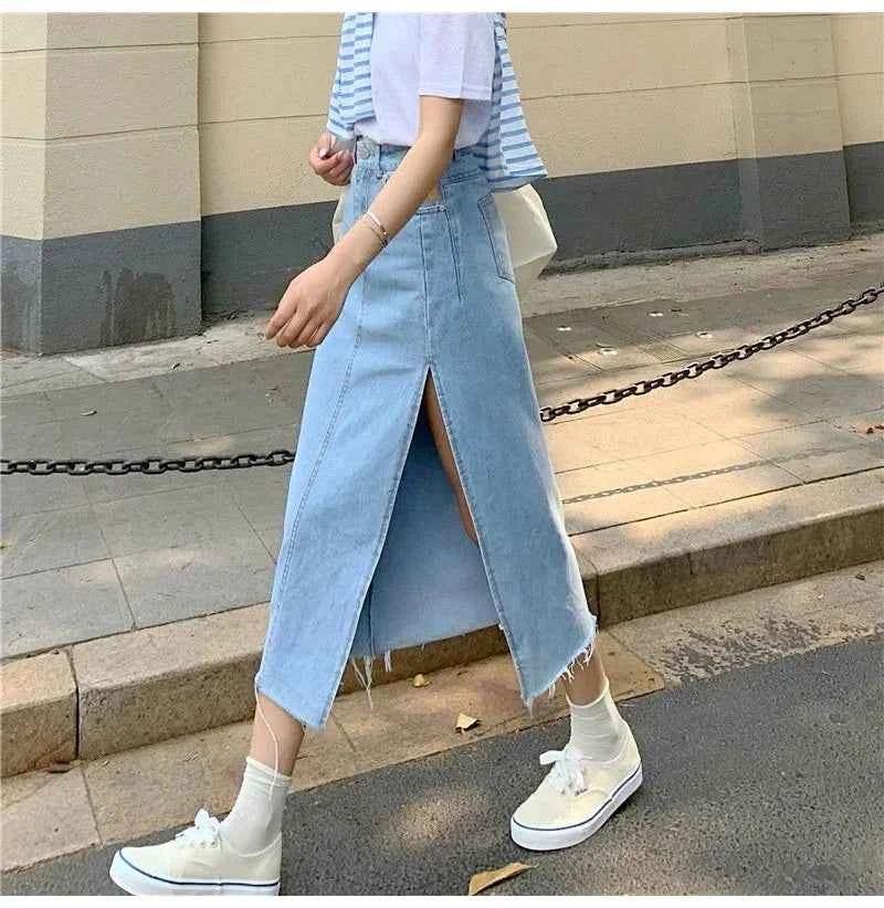 Streamgirl Maxi Jeans Skirt Women Denim Long Skirts Summer 2024 Vintage Maxi Skirt Side Split Denim Skirt Women Long Korean