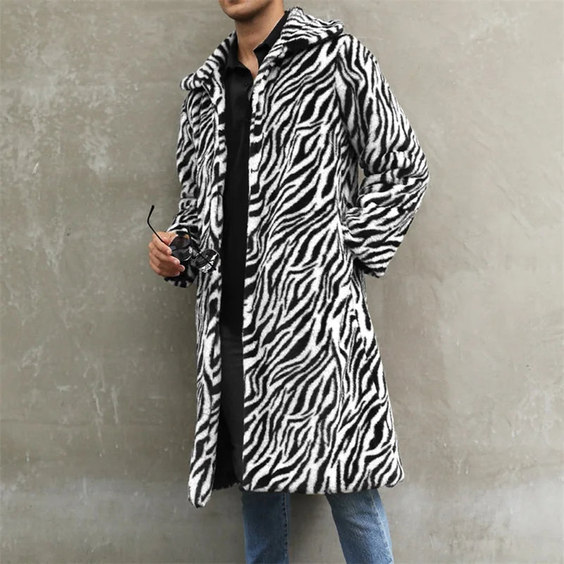 Men’s Faux Fur Coat Winter Warm Long Sleeve Leopard Zebra Print Long Jacket Open Front Overcoat GONZALES ONLINE SHOP