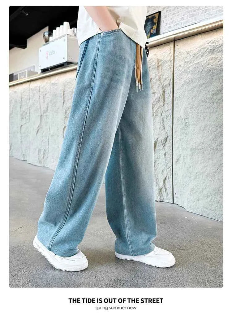 High Quality Kids Straight Fit Drawstring Jeans for Boy Girl Brief High Waist Denim Pants Unisex Child Casual Jeans Trousers