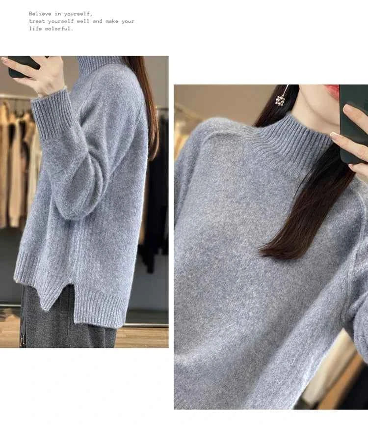 Women's High-Necked Cashmere Sweater 100% Soft Wool Thickened Lazy Raglan Sweater with Slit for Autumn Winter Comfortable Waxy W