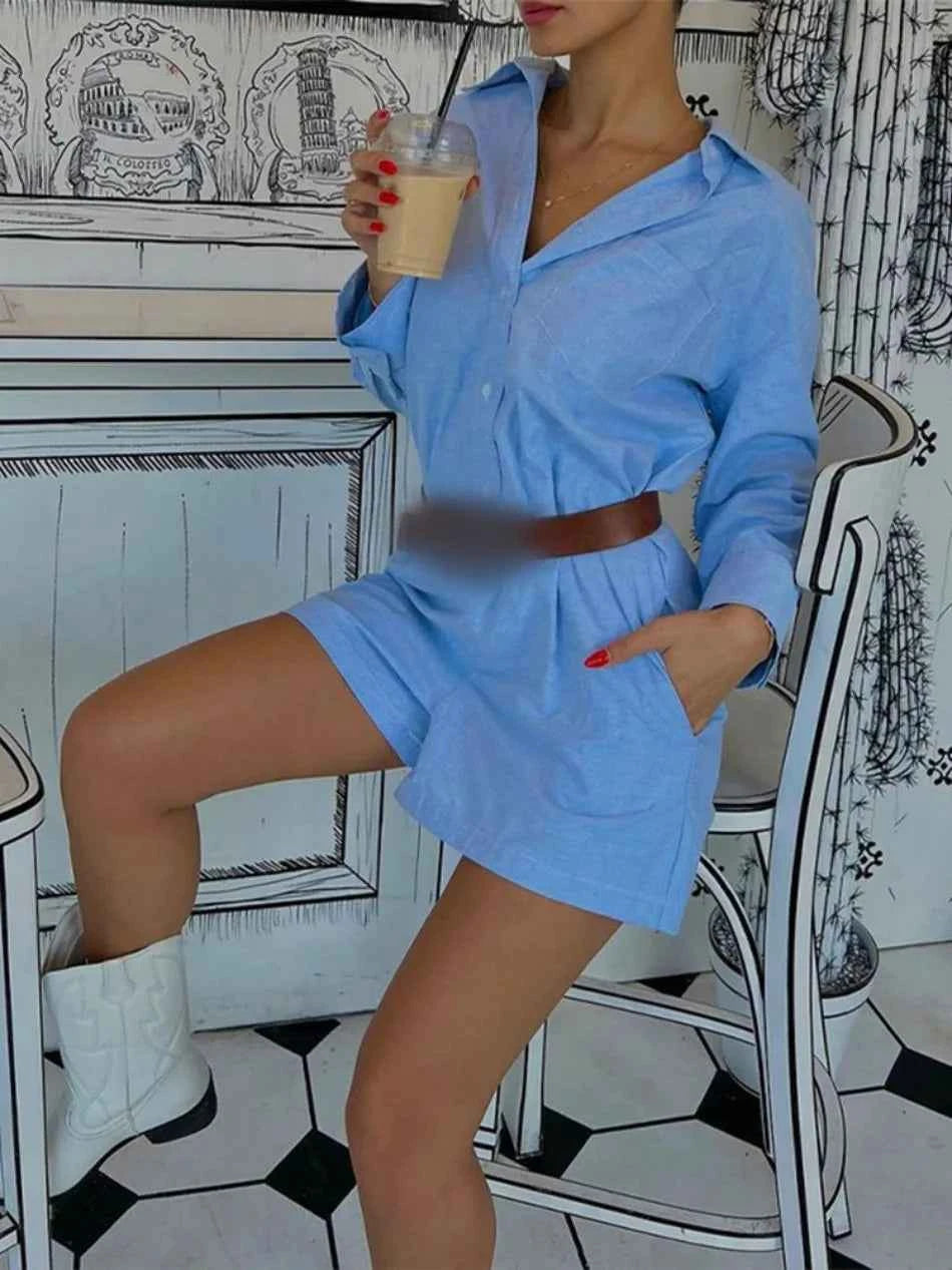 Women Long Sleeve 2 Pieces Sets Casual Simple Button Pockets Short Pant with Shirts Tops 2026 Summer Fashion Suit Female Outfits