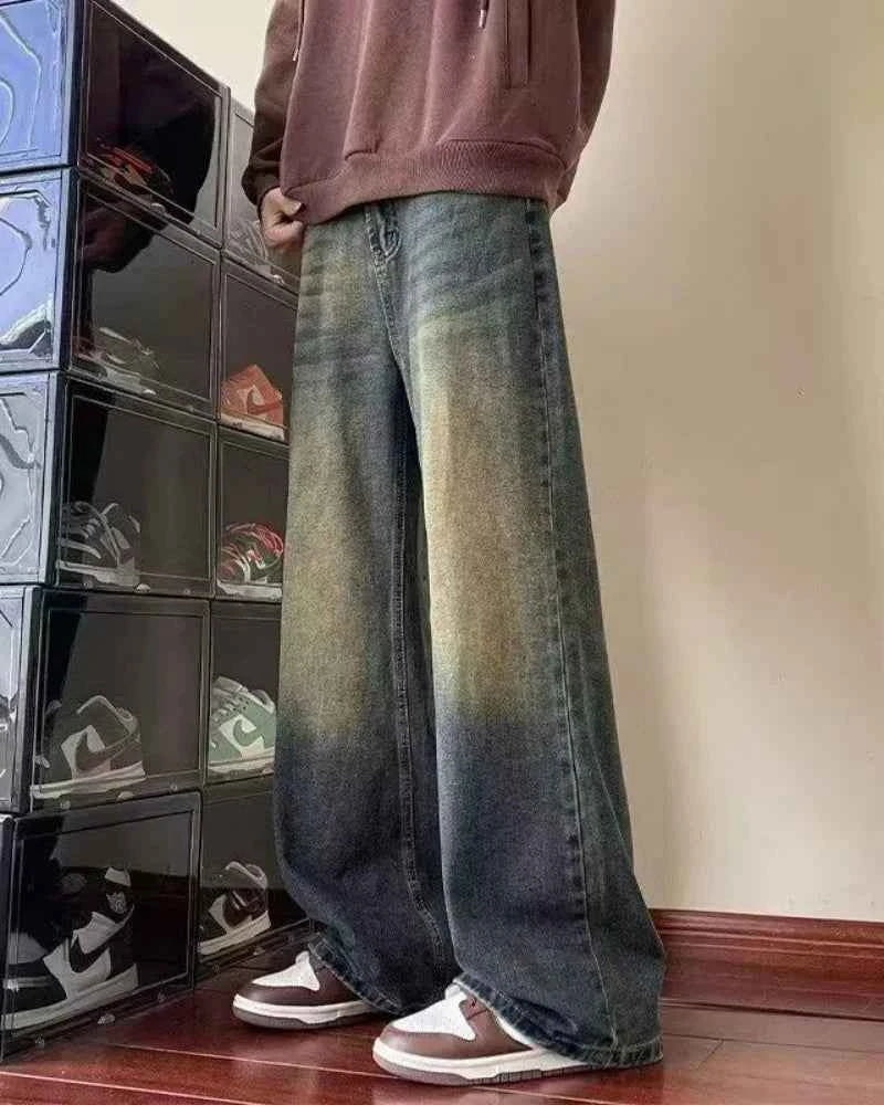 New Bent knife jeans for men American retro washed distressed wide leg pants Four Seasons loose straight leg feelin Street jeans