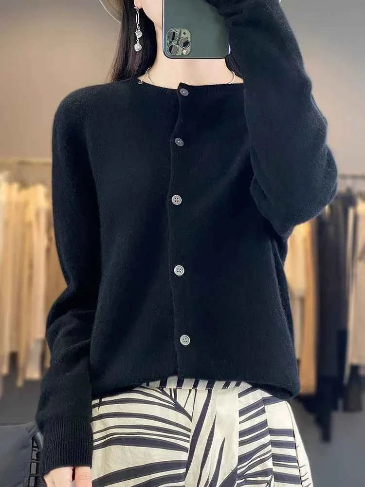 100% Merino Wool Sweater Women O-Neck Cardigan Basic Style  Buttoned Knitwear Female Casual Autumn Winter Soft Tops