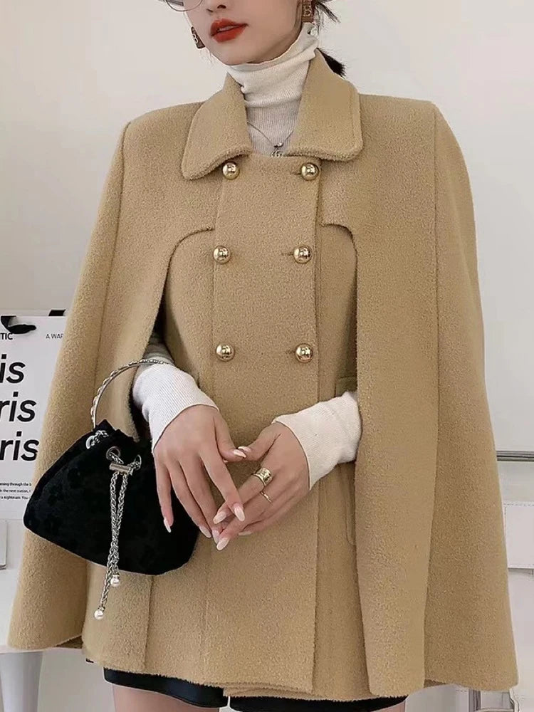 TWOTWINSTYLE Solid Patchwork Pocket Chic Coat For Women Lapel Cloak Sleeve Spliced Double Breasted Elegant Coats Female Style GONZALES ONLINE SHOP