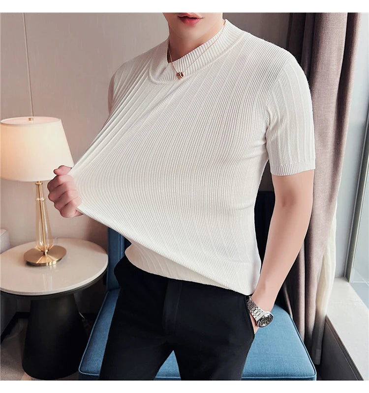 Men's High-End Casual Short Sleeve knitting Sweater/Male High collar Slim Fit Stripe Set head Knit Shirts Plus size S-4XL GONZALES ONLINE SHOP