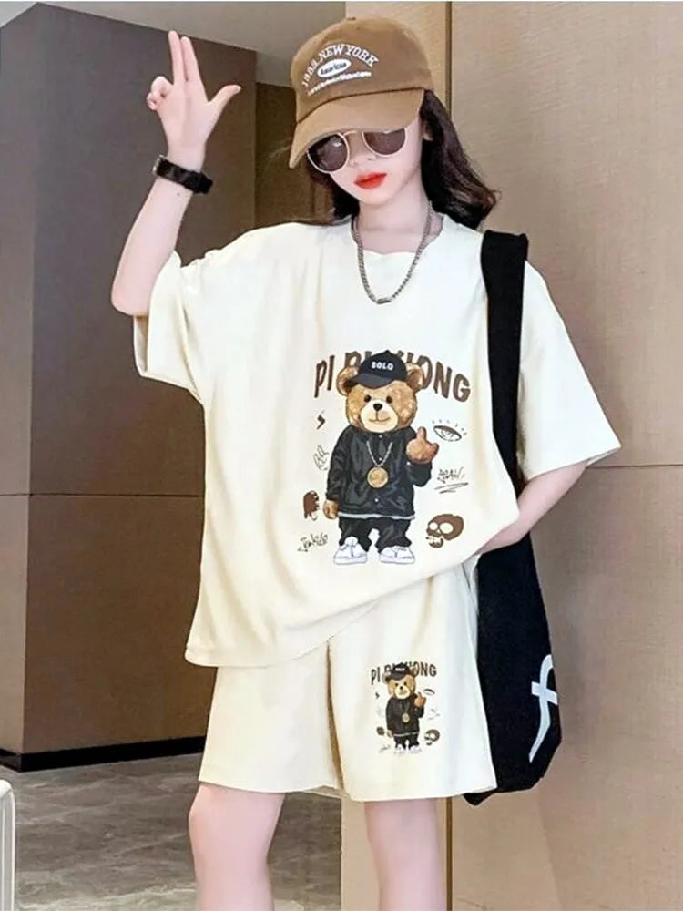 T-shirt+Shorts 2-piece Clothes Sets Kids Girls Fashion Korean Style Cartoon Bear Summer Sports Casual Outfit Suit 1-12 Year Old GONZALES ONLINE SHOP