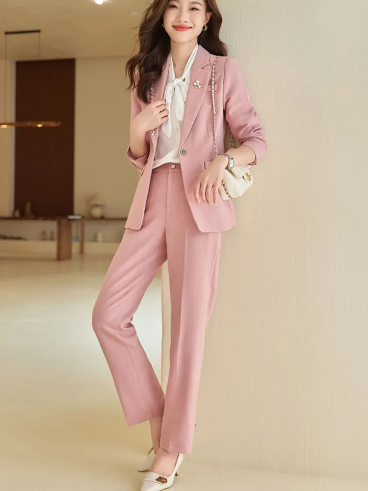 Women Office Suit 2 Pieces Sets Elegant Chic Design Ol Slim Long Sleeve Coats Tops Korean Formal High Waist Straight Pants 2024 GONZALES ONLINE SHOP