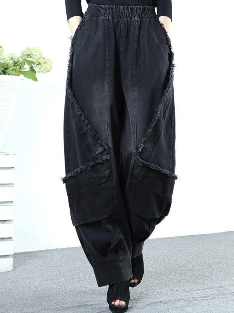 Black Wide-leg Jeans Harem Pants Loose Fashion Casual Full Length High Waist Patchwork Print Pocket Jeans Women Autumn Winter GONZALES ONLINE SHOP