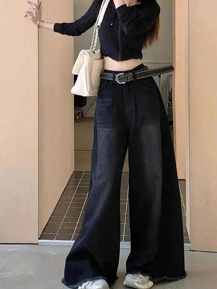 Elegant Chic American Vintage Black Wide Leg Jeans Women High Waist Loose Fit Slimming Draping Raw Hem Floor Length Denim