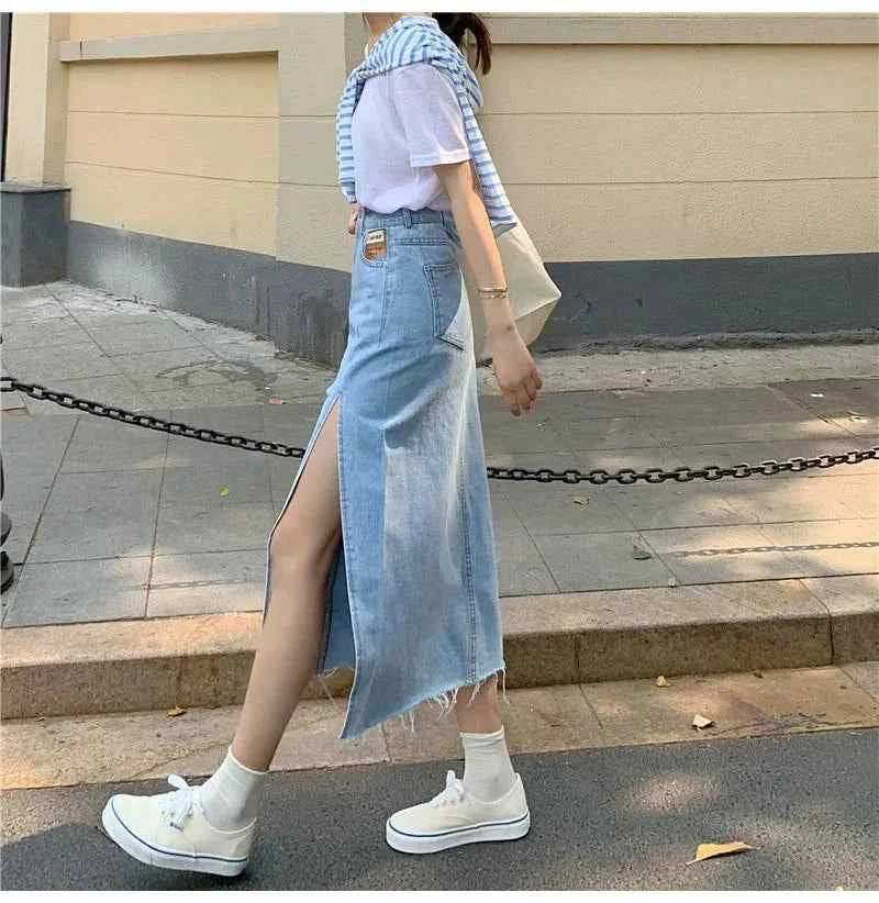 Streamgirl Maxi Jeans Skirt Women Denim Long Skirts Summer 2024 Vintage Maxi Skirt Side Split Denim Skirt Women Long Korean