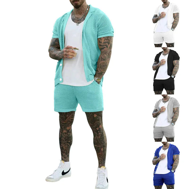 Summer New Men Shorts Mesh Hollow Out Knitted Casual Sports Lapel T-Shirt Short Sleeve Solid Beach Suit Men's 2 Pieces Set Suits GONZALES ONLINE SHOP