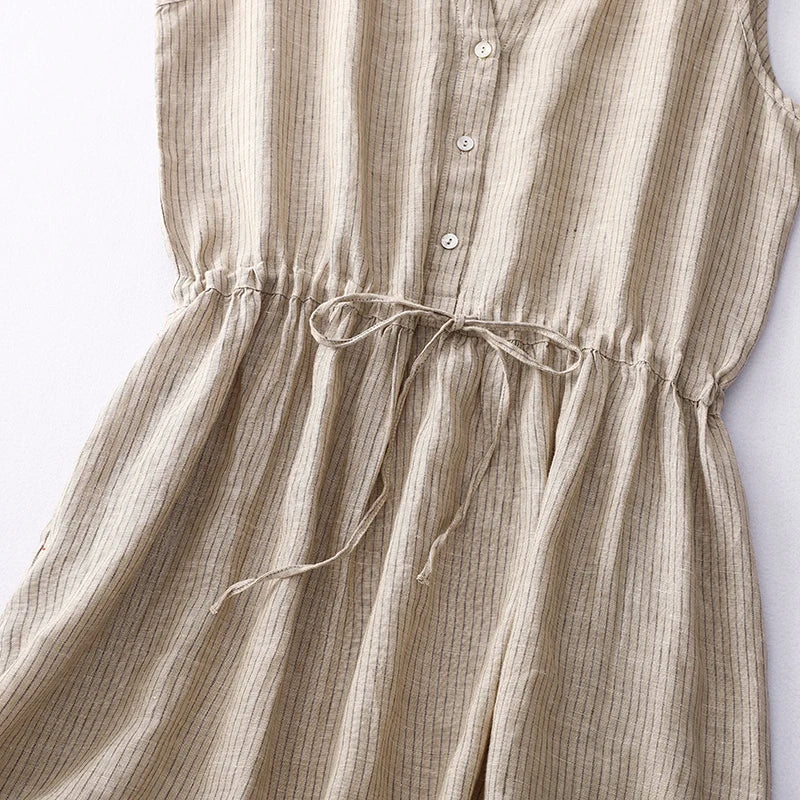 Limiguyue Cotton Linen Striped Vest Dress Summer Clothes Elastic Waist Drawstring A-Line Casual Dresses V-Neck Button Soft U397 GONZALES ONLINE SHOP