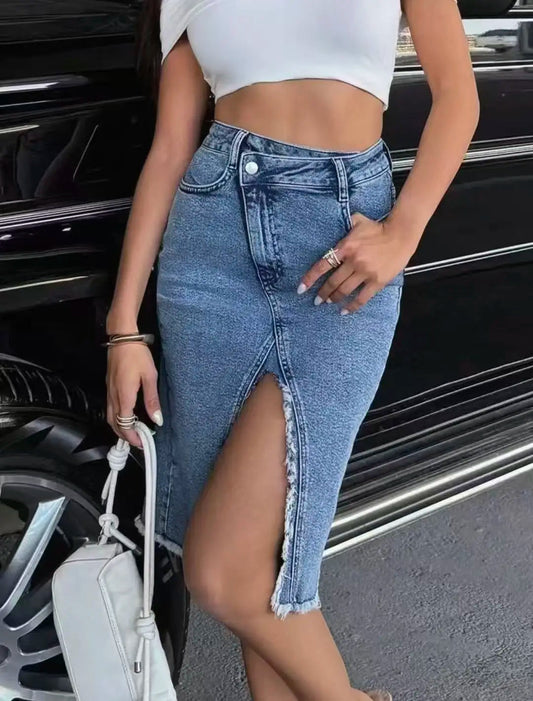 High-waisted denim skirt with side slit and raw-edge hem GONZALES ONLINE SHOP