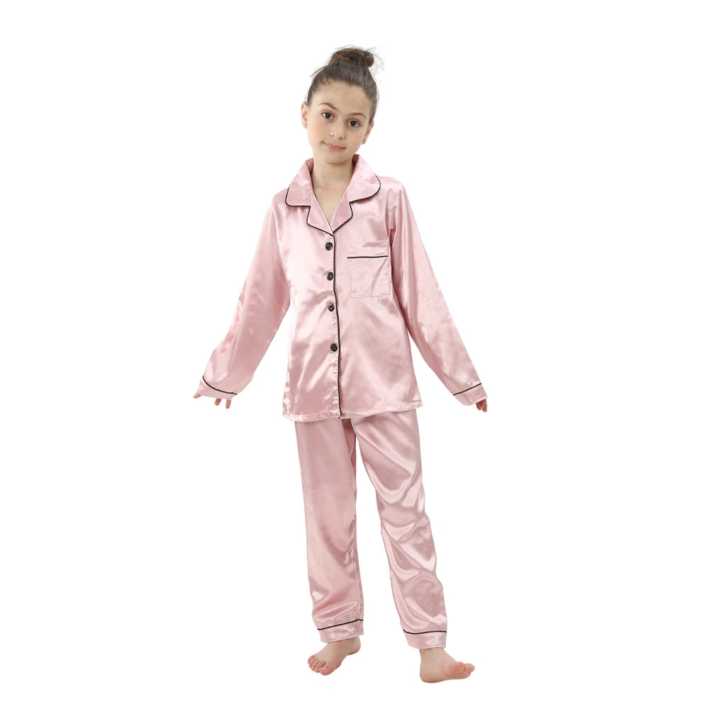 Children Silk Satin Pyjamas Set Baby Sleepwear Pijama Solid color Pajamas Suit Boys Girls Nightwear Autumn Kids Loungewear Pjs GONZALES ONLINE SHOP