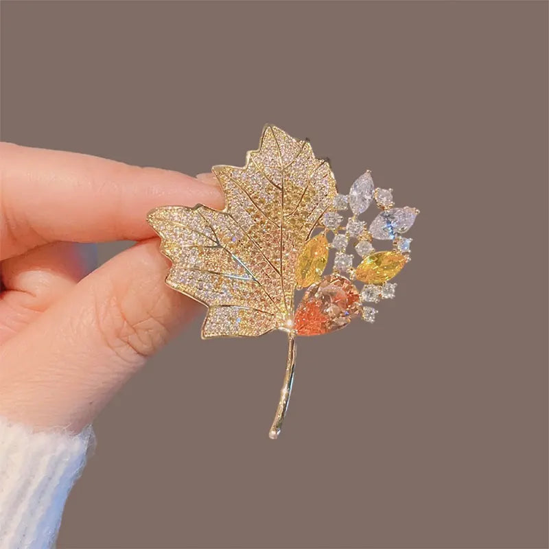 High-end Luxury Yellow Crystal Maple Leaf Brooch For Women Exquisite Rhinestone Flower Brooch Pin Banquet Wedding Jewelry GONZALES ONLINE SHOP