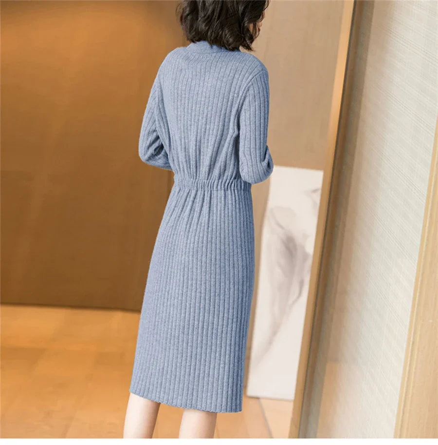 Elegant Knitted Sweater Dress Fashion Korean Long Sleeve Drawstring Waist Dresses Fall Vintage Women Mid-length Vestidos F282 GONZALES ONLINE SHOP