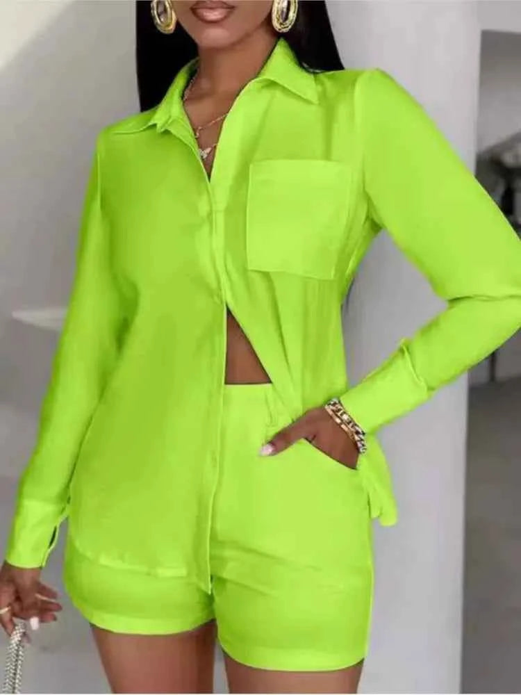 Fashion Two Piece Outfits Women's Turn-down Collar Pocket Design Button Shirt Top & Shorts Set New Summer Women Solid 2pcs Sets