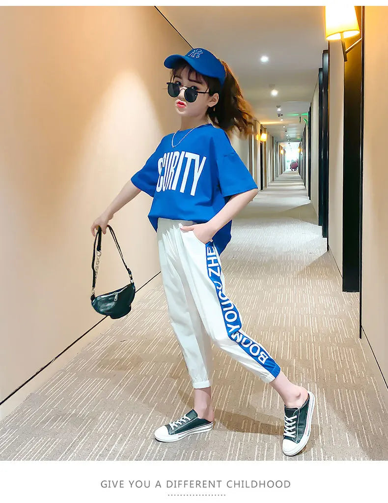 2024 Teen Girls Sport Suit letters short t-shirt + striped Pants Children Set Tracksuit Kids Leggings 5 8 12 9 14 Years Clothing GONZALES ONLINE SHOP