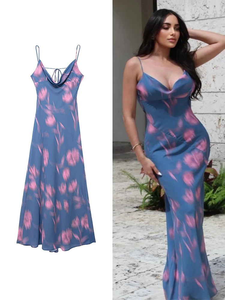 ZBZA Women's Sexy Halter Dresses Dreamy Elegant Floral Print Sleeveless Long Dresses Spaghetti Straps Elegant Evening Gowns GONZALES ONLINE SHOP