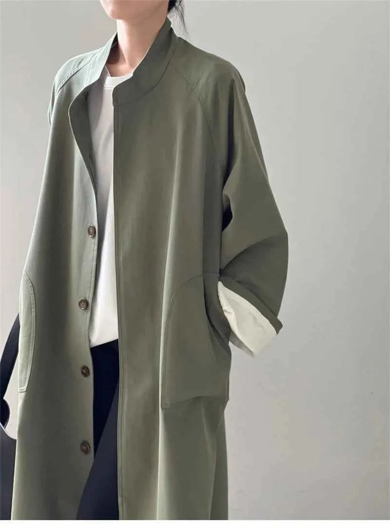 Lazy Loose Stand Up Collar Long Ttrench Coat For Women New Spring Autumn Casual British Style High-end Windbreaker Overcoat