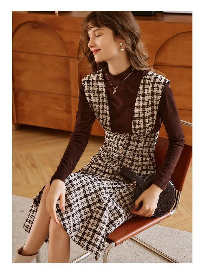 Women's Autumn Winter Fashion Sleeveless Plaid Dress Korean Lady Graceful Sweater Tops Overall Dresses 2 Piece Set 2022 Outfits GONZALES ONLINE SHOP