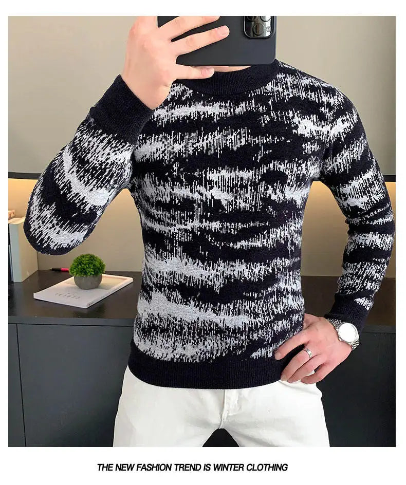 Autumn Winter Velvet Knitted Sweater Men Long Sleeve Casual Business Sweaters Comfortable Warm Versatile Social Pullover Tops GONZALES ONLINE SHOP