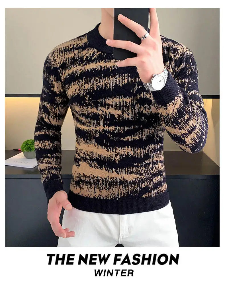 Autumn Winter Velvet Knitted Sweater Men Long Sleeve Casual Business Sweaters Comfortable Warm Versatile Social Pullover Tops GONZALES ONLINE SHOP