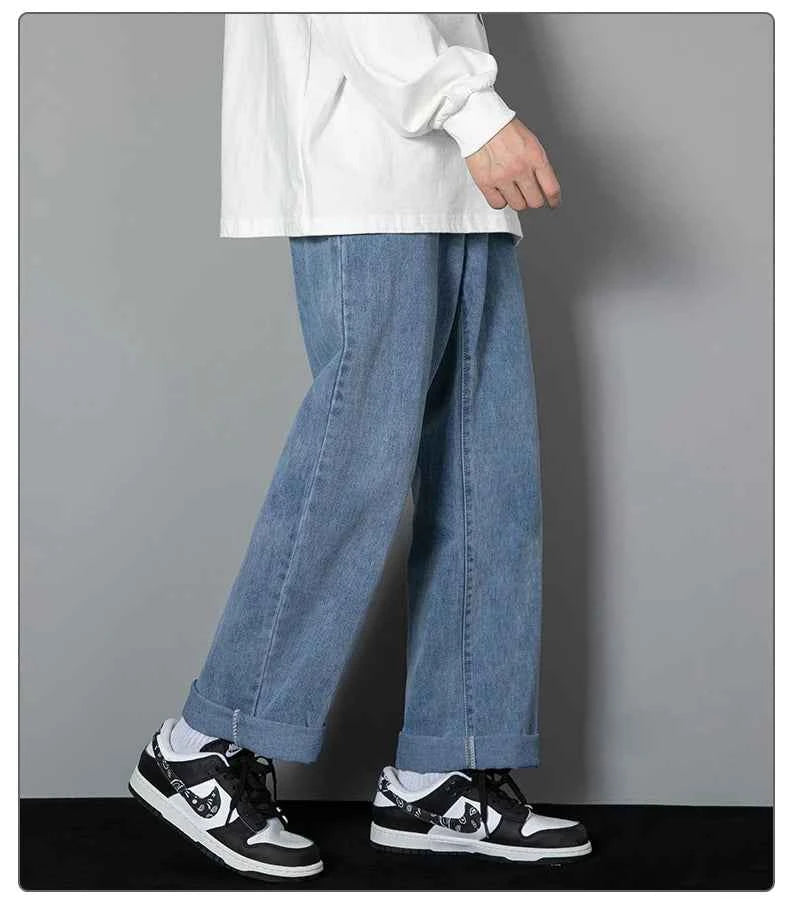 2026 New Korean Men's Casual Long Jeans Classic Man Straight Denim Wide-leg Pants Solid Color Light Blue Grey Black