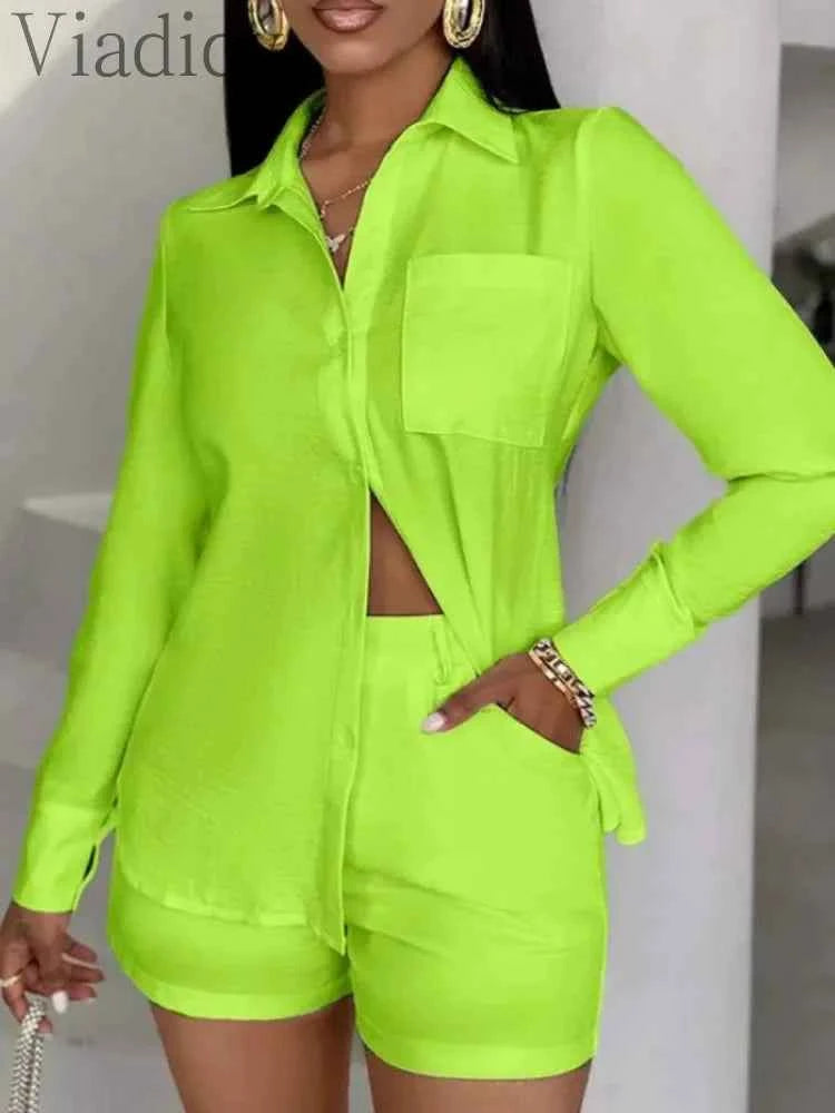 Women's Casual Solid Color Turn Down Collar Long Sleeve Shirt Blouse and High Waist Shorts 2pcs Set