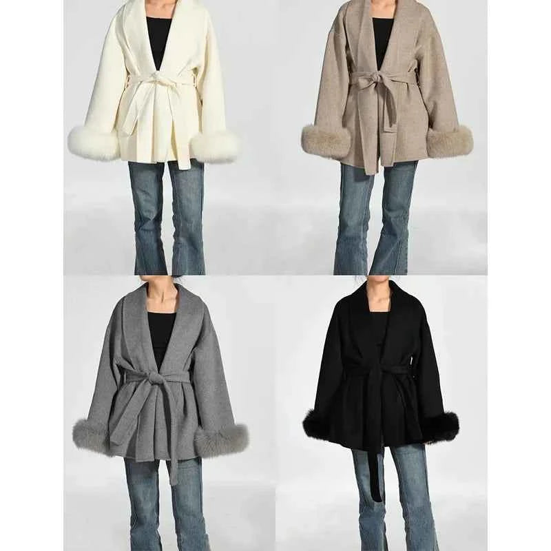 TARUXY Fox Fur Woolen Coats Women's Short Coat Office Lady Removable Elegant Double-sided Wool Overcoat 2025 New Cardigan Jacket