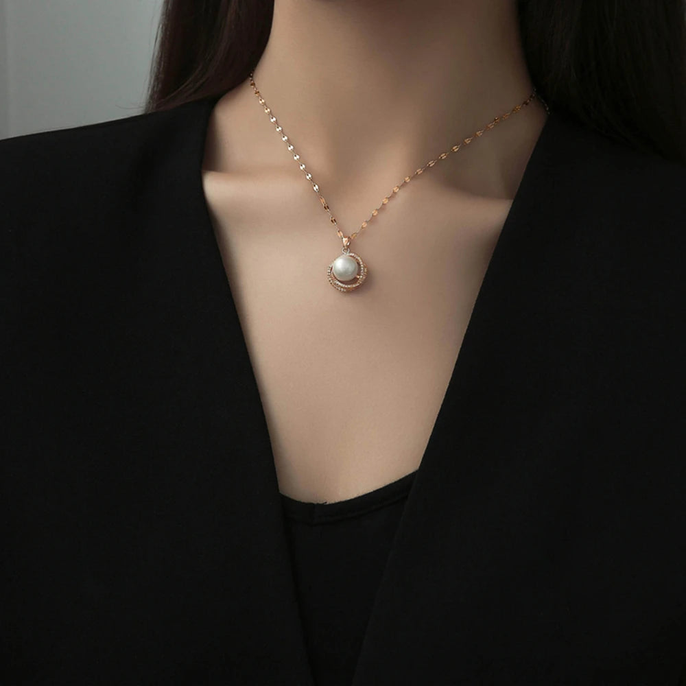 New Fashion Luxury 18K Gold Plated Imitation Pearl Pendant Necklaces For Women Trendy Retro Style Stainless Steel Clavicle Chain GONZALES ONLINE SHOP