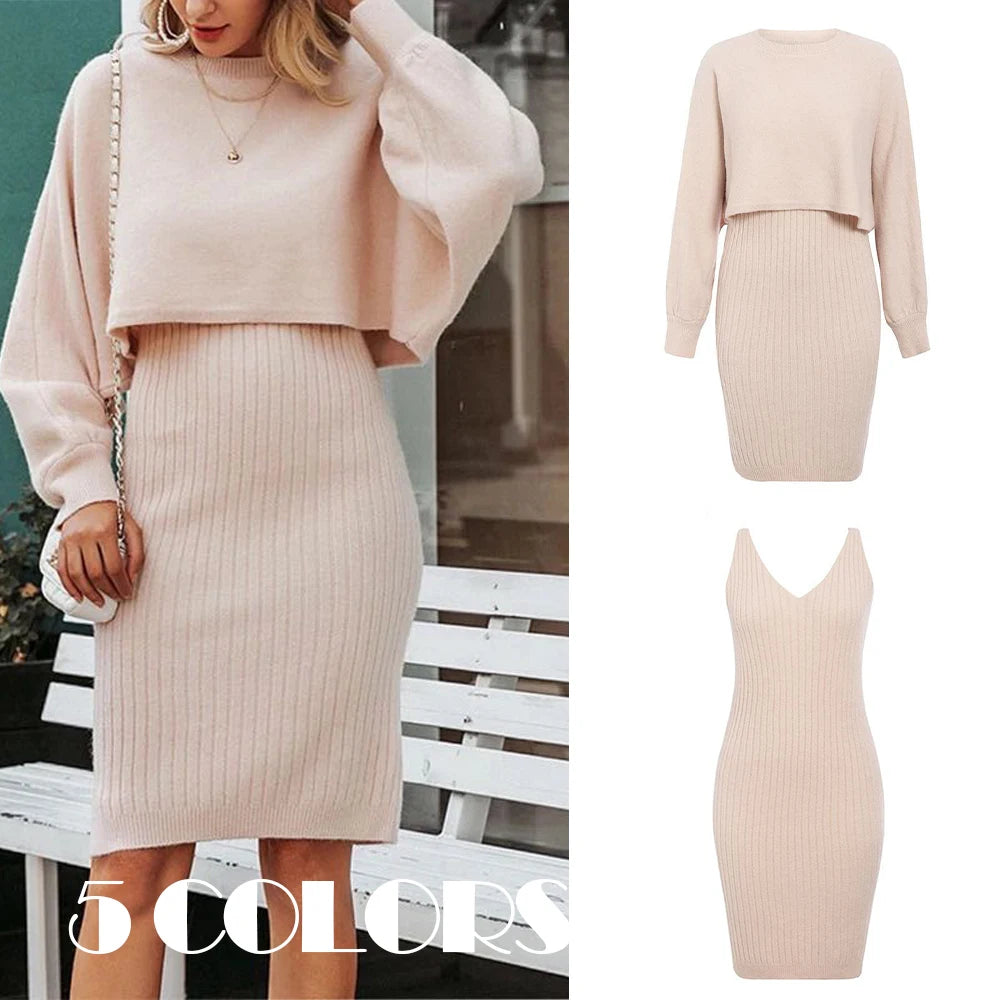 2024 autumn new two-piece set, soft versatilelazy fashionable solid color long sleeve pullover+ woolen halter V-neck long dress GONZALES ONLINE SHOP