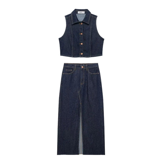 Women's Denim Vest Sleeveless Midi Dress Suit Front Slit Design High Waist Classic Pocket Detail Fashion Ladies Stylish GONZALES ONLINE SHOP