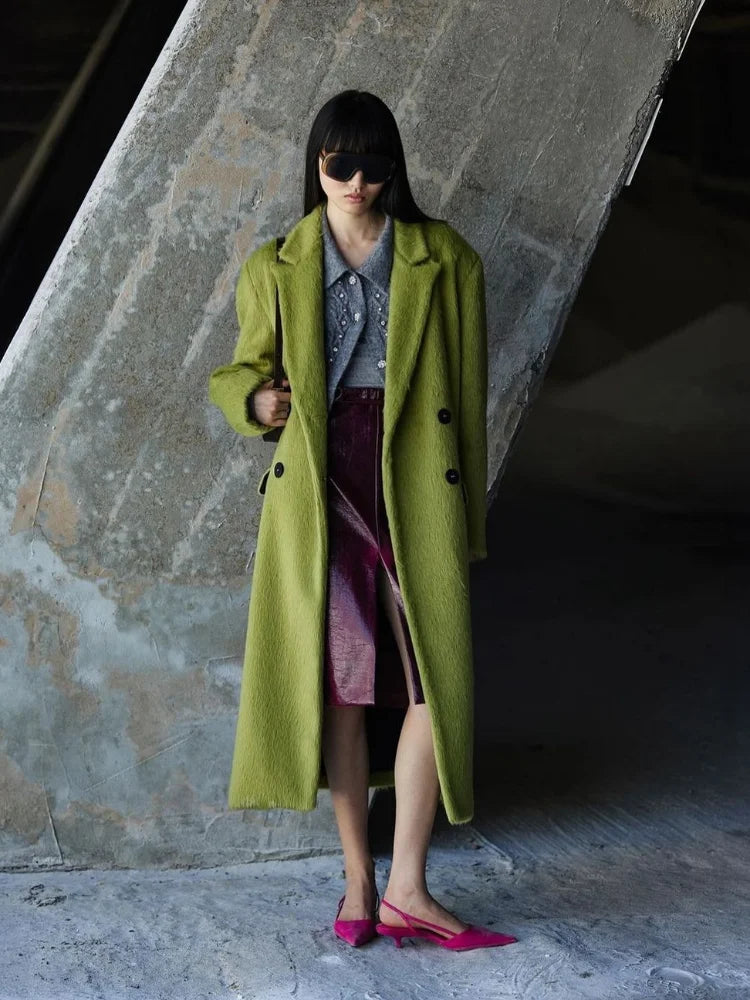 Women Vintage Green Double Breasted Woolen Overcoats Elegant Lapel Full Sleeves Long Coat Autumn Fashion Lady Street Outwears GONZALES ONLINE SHOP