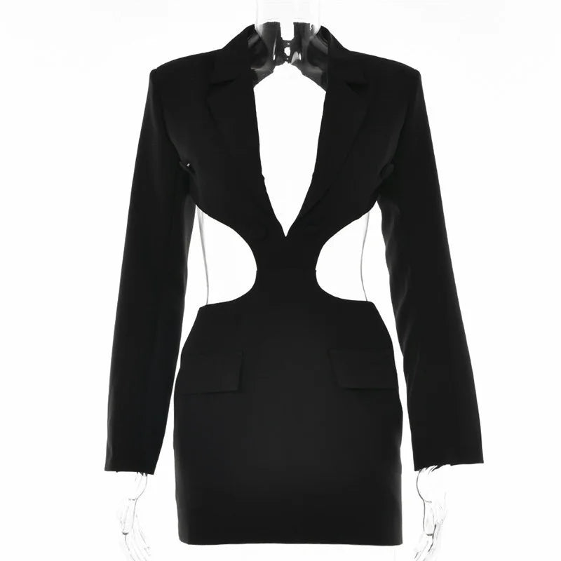 Mozision Hollow Out Backless Blazer Dress For Women Robe Autumn Notched Collar Full Sleeve Bodycon Party Mini Dress Vestido GONZALES ONLINE SHOP