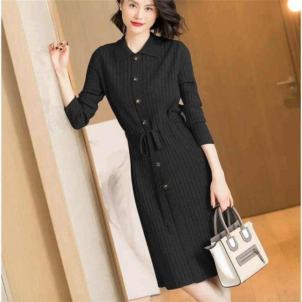 Elegant Knitted Sweater Dress Fashion Korean Long Sleeve Drawstring Waist Dresses Fall Vintage Women Mid-length Vestidos F282 GONZALES ONLINE SHOP