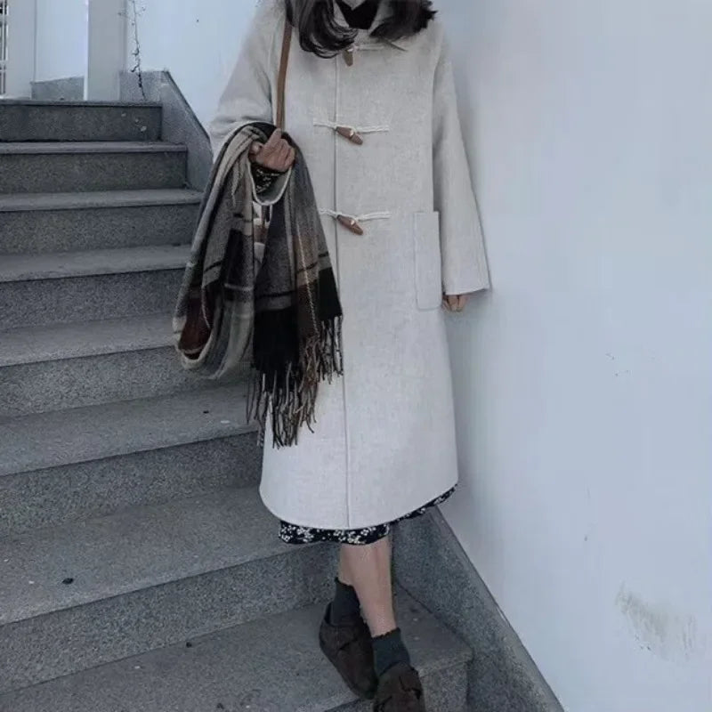 Women Chic Horn Button Long Blends Coats Solid Colors Warm Autumn Winter Coats Big Pockets Elegant Commute Outwears New Parkas GONZALES ONLINE SHOP