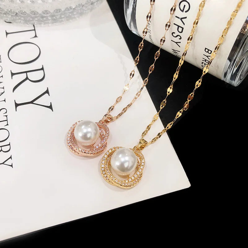 New Fashion Luxury 18K Gold Plated Imitation Pearl Pendant Necklaces For Women Trendy Retro Style Stainless Steel Clavicle Chain GONZALES ONLINE SHOP