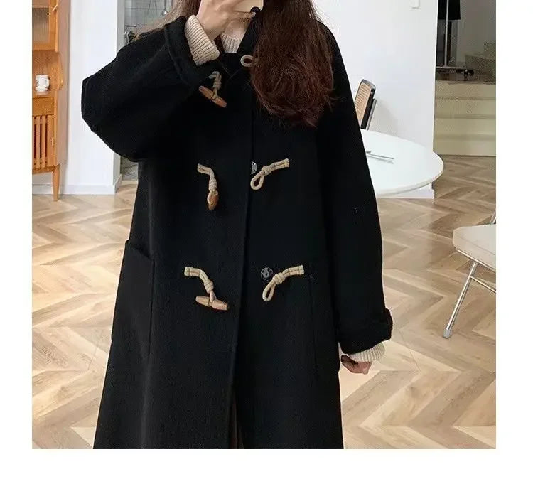 Women Chic Horn Button Long Blends Coats Solid Colors Warm Autumn Winter Coats Big Pockets Elegant Commute Outwears New Parkas GONZALES ONLINE SHOP