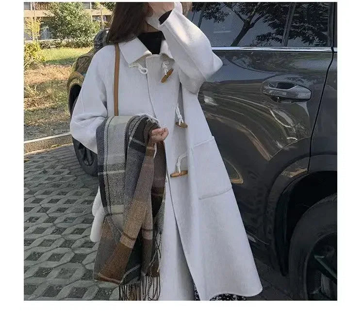 Women Chic Horn Button Long Blends Coats Solid Colors Warm Autumn Winter Coats Big Pockets Elegant Commute Outwears New Parkas GONZALES ONLINE SHOP