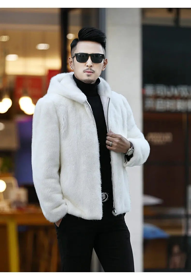 Tcyeek Natural Mink Fur Coat Men's High-end Real Fur Coat Men 2023 Winter New White Whole Mink Fur Hooded Coats Fashion Zipper GONZALES ONLINE SHOP