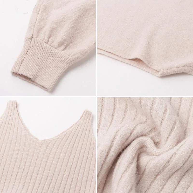 2024 autumn new two-piece set, soft versatilelazy fashionable solid color long sleeve pullover+ woolen halter V-neck long dress GONZALES ONLINE SHOP