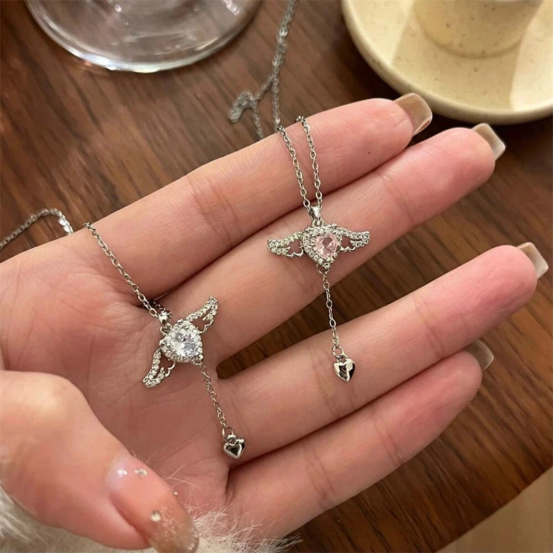 Kpop Fairy Wings Pink Heart Crystal Pendant Necklace Y2K Egirl Emo Women Heart Clavicle Chain Choker Fashion Jewelry Gifts GONZALES ONLINE SHOP